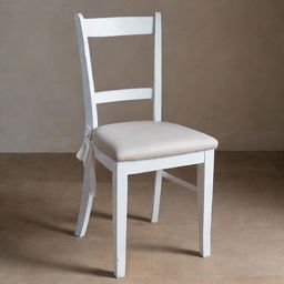 A wooden dining chair painted in a distressed white finish, with a separate foam cushion tied securely with elegant sashes.