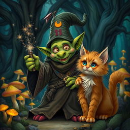 A mischievous goblin wizard dressed in tattered robes, adorned with colorful runes, casting a small spell with a glimmering wand