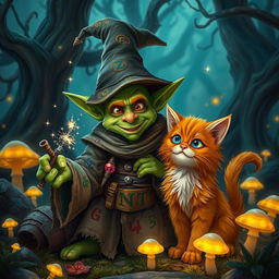 A mischievous goblin wizard dressed in tattered robes, adorned with colorful runes, casting a small spell with a glimmering wand