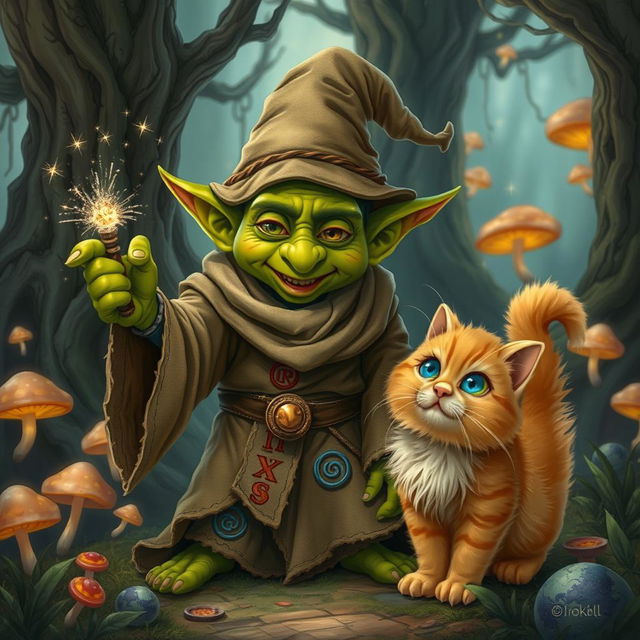 A mischievous goblin wizard dressed in tattered robes, adorned with colorful runes, casting a small spell with a glimmering wand