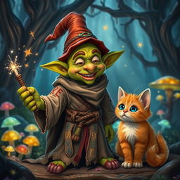 A mischievous goblin wizard dressed in tattered robes, adorned with colorful runes, casting a small spell with a glimmering wand