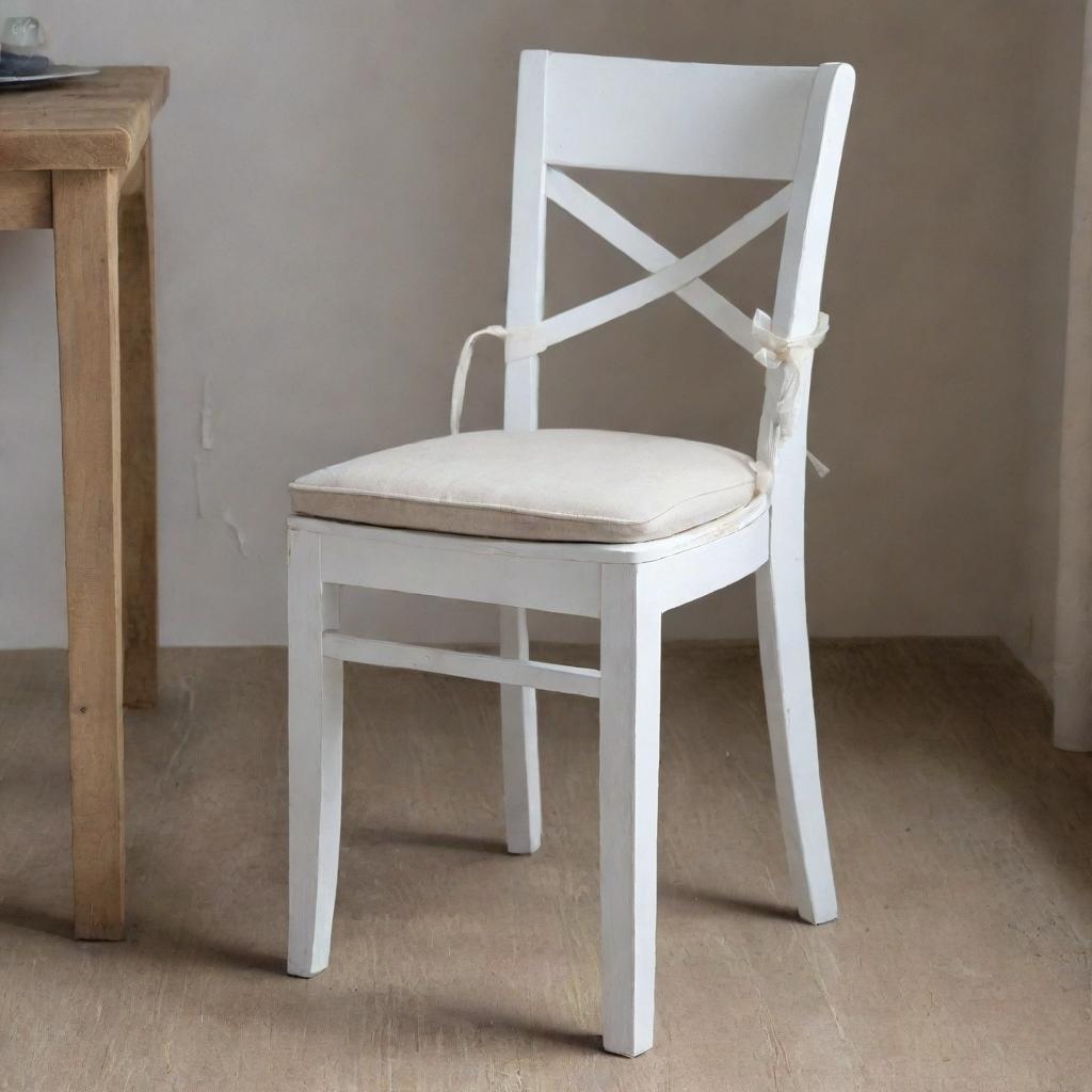 A wooden dining chair painted in a distressed white finish, with a separate foam cushion tied securely with elegant sashes.