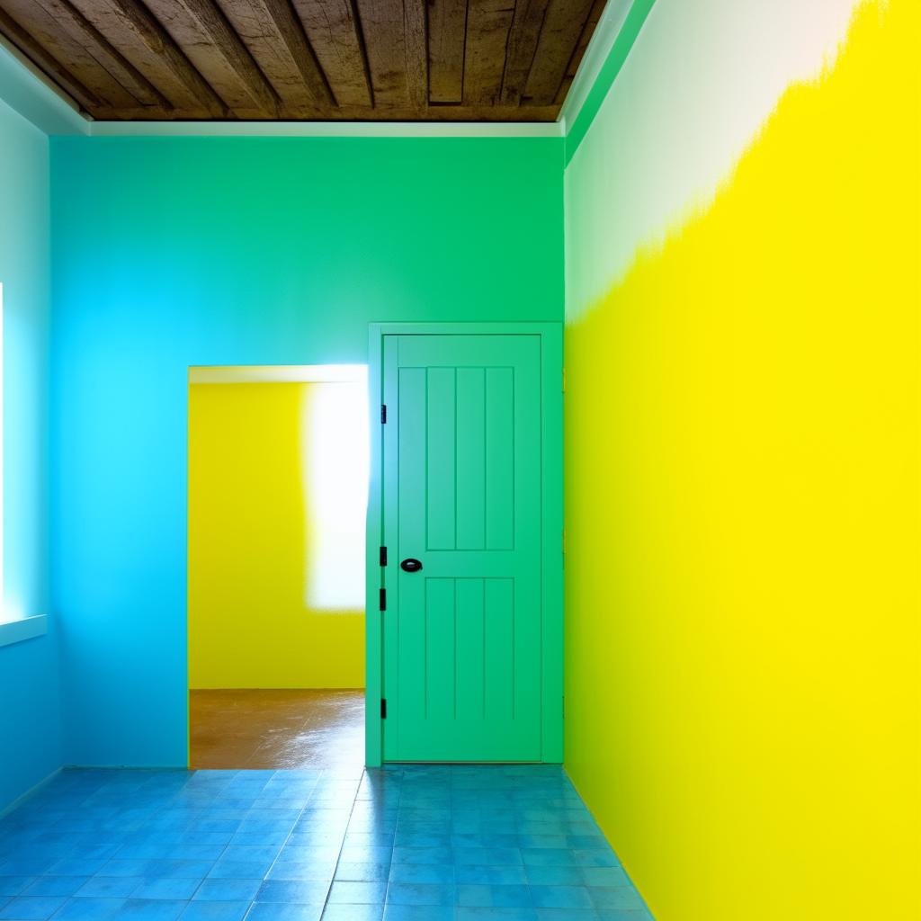 A 12x12 room with a single door and one side window. The front wall is painted in pure yellow, the remaining three walls are bright green, and the floor is clean blue.