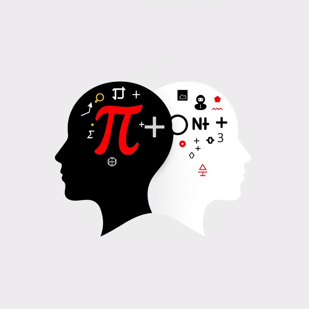 A visually striking image featuring two abstract head icons conjoined at the back, one facing left representing pure mathematics and the other facing right representing mathematics literacy