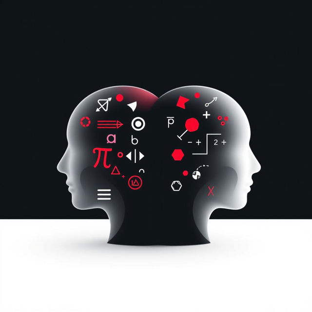 A visually striking image featuring two abstract head icons conjoined at the back, one facing left representing pure mathematics and the other facing right representing mathematics literacy