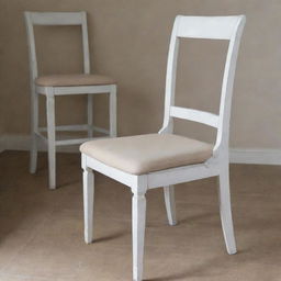 A wooden dining chair painted in a distressed white finish, with a separate foam cushion tied securely with elegant sashes.