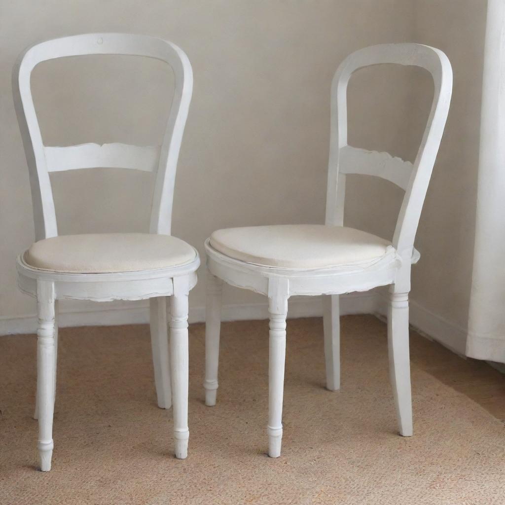 Two identical wooden dining chairs, each painted in a vintage white hue