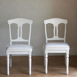 Two identical wooden dining chairs, each painted in a vintage white hue