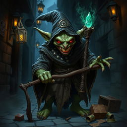 A fearsome goblin wizard, wearing tattered robes adorned with arcane symbols, with a sinister grin and sharp, protruding teeth