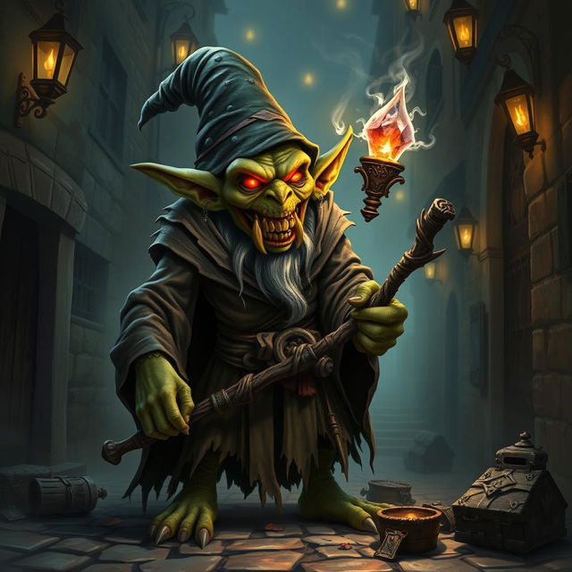 A fearsome goblin wizard, wearing tattered robes adorned with arcane symbols, with a sinister grin and sharp, protruding teeth