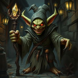 A fearsome goblin wizard, wearing tattered robes adorned with arcane symbols, with a sinister grin and sharp, protruding teeth