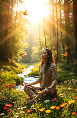 A serene and idyllic scene of reconnecting with nature, featuring a person meditating peacefully in a lush green forest