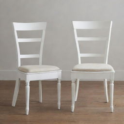 Two identical wooden dining chairs, each painted in a vintage white hue