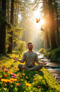 A serene and idyllic scene of reconnecting with nature, featuring a person meditating peacefully in a lush green forest