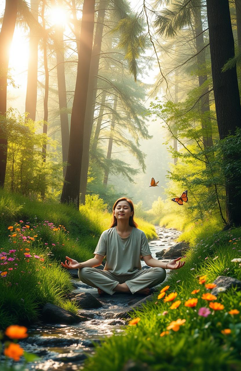 A serene and idyllic scene of reconnecting with nature, featuring a person meditating peacefully in a lush green forest