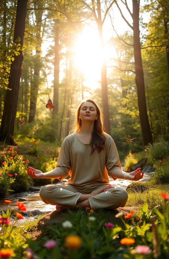 A serene and idyllic scene of reconnecting with nature, featuring a person meditating peacefully in a lush green forest