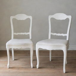 Two identical wooden dining chairs, each painted in a vintage white hue