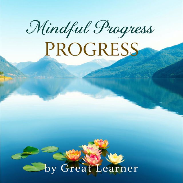 An inspiring book cover for 'Mindful Progress' by Great Learner, featuring a tranquil scene of a calm lake surrounded by lush mountains reflecting the clear blue sky