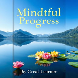 An inspiring book cover for 'Mindful Progress' by Great Learner, featuring a tranquil scene of a calm lake surrounded by lush mountains reflecting the clear blue sky