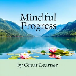 An inspiring book cover for 'Mindful Progress' by Great Learner, featuring a tranquil scene of a calm lake surrounded by lush mountains reflecting the clear blue sky