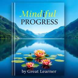 An inspiring book cover for 'Mindful Progress' by Great Learner, featuring a tranquil scene of a calm lake surrounded by lush mountains reflecting the clear blue sky