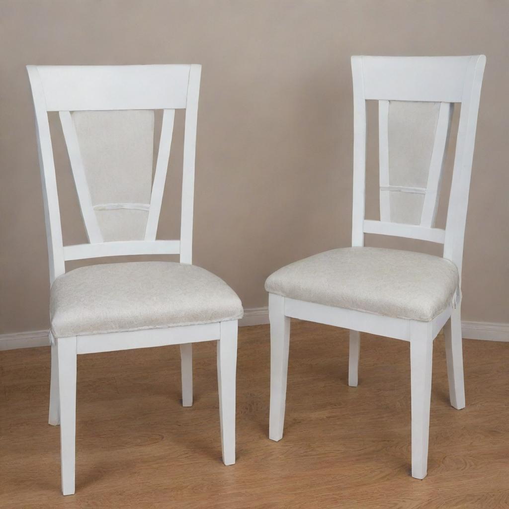 Close-up view of two identical white wooden dining chairs