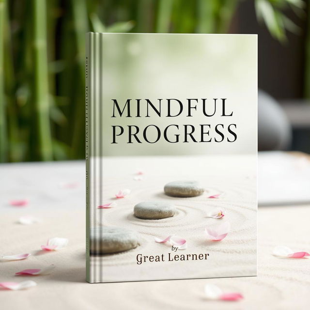 An elegant book cover design for 'Mindful Progress' by Great Learner, featuring a tranquil zen garden with carefully raked sand patterns, smooth stones, and delicate cherry blossom petals scattered throughout