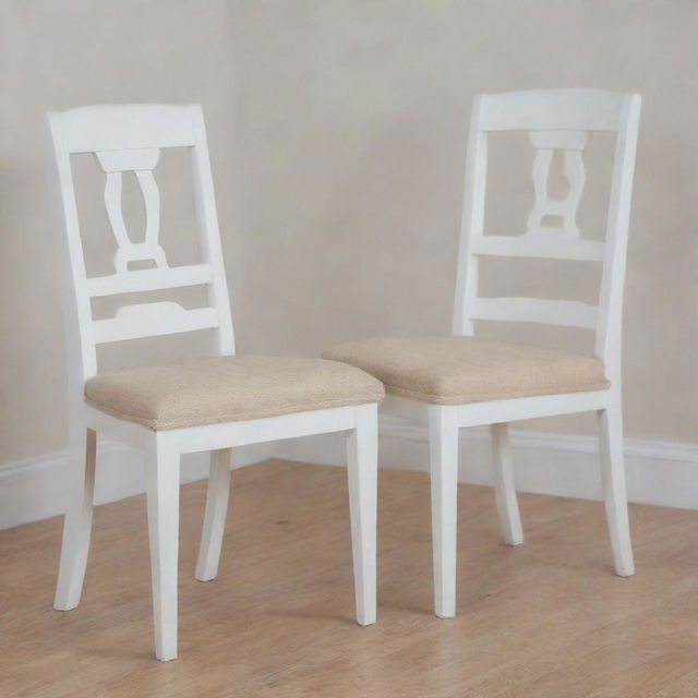 Close-up view of two identical white wooden dining chairs