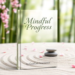 An elegant book cover design for 'Mindful Progress' by Great Learner, featuring a tranquil zen garden with carefully raked sand patterns, smooth stones, and delicate cherry blossom petals scattered throughout