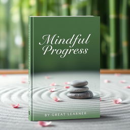 An elegant book cover design for 'Mindful Progress' by Great Learner, featuring a tranquil zen garden with carefully raked sand patterns, smooth stones, and delicate cherry blossom petals scattered throughout