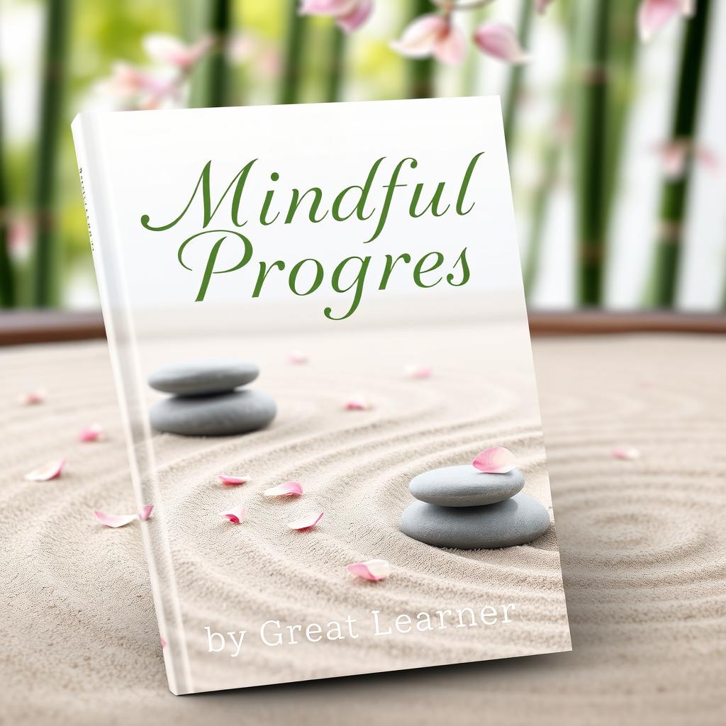 An elegant book cover design for 'Mindful Progress' by Great Learner, featuring a tranquil zen garden with carefully raked sand patterns, smooth stones, and delicate cherry blossom petals scattered throughout