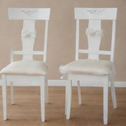 Close-up view of two identical white wooden dining chairs