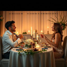 A romantic and intimate scene showcasing a couple enjoying a cozy candlelit dinner at a beautifully set table adorned with flowers, soft lighting, and elegant dinnerware