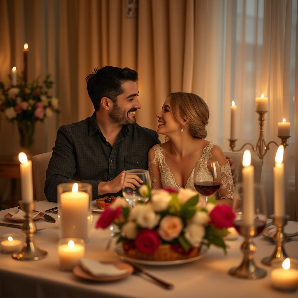 A romantic and intimate scene showcasing a couple enjoying a cozy candlelit dinner at a beautifully set table adorned with flowers, soft lighting, and elegant dinnerware