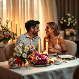 A romantic and intimate scene showcasing a couple enjoying a cozy candlelit dinner at a beautifully set table adorned with flowers, soft lighting, and elegant dinnerware