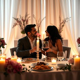 A romantic and intimate scene showcasing a couple enjoying a cozy candlelit dinner at a beautifully set table adorned with flowers, soft lighting, and elegant dinnerware