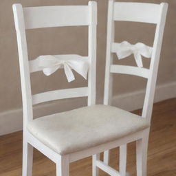 Close-up view of two identical white wooden dining chairs