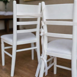 Close-up image of two identical white wooden chairs