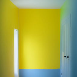 A 12x12 room with a single door and one side window. The front wall is painted in pure yellow, the remaining three walls are bright green, and the floor is clean blue.