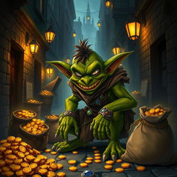 A mean goblin thief with a sly grin, crouching in a dark, bustling city alley, surrounded by shimmering piles of gold coins, glittering jewelry, and bags filled with loot