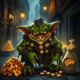 A mean goblin thief with a sly grin, crouching in a dark, bustling city alley, surrounded by shimmering piles of gold coins, glittering jewelry, and bags filled with loot