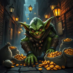 A mean goblin thief with a sly grin, crouching in a dark, bustling city alley, surrounded by shimmering piles of gold coins, glittering jewelry, and bags filled with loot