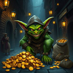 A mean goblin thief with a sly grin, crouching in a dark, bustling city alley, surrounded by shimmering piles of gold coins, glittering jewelry, and bags filled with loot