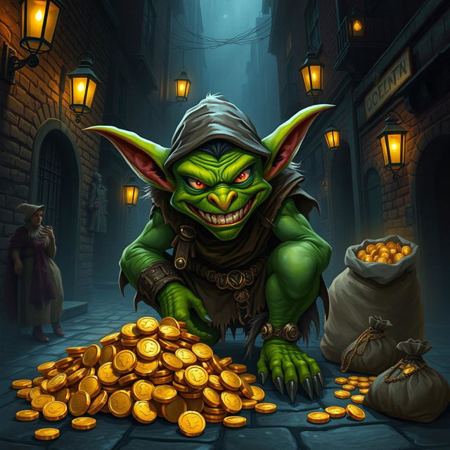 A mean goblin thief with a sly grin, crouching in a dark, bustling city alley, surrounded by shimmering piles of gold coins, glittering jewelry, and bags filled with loot