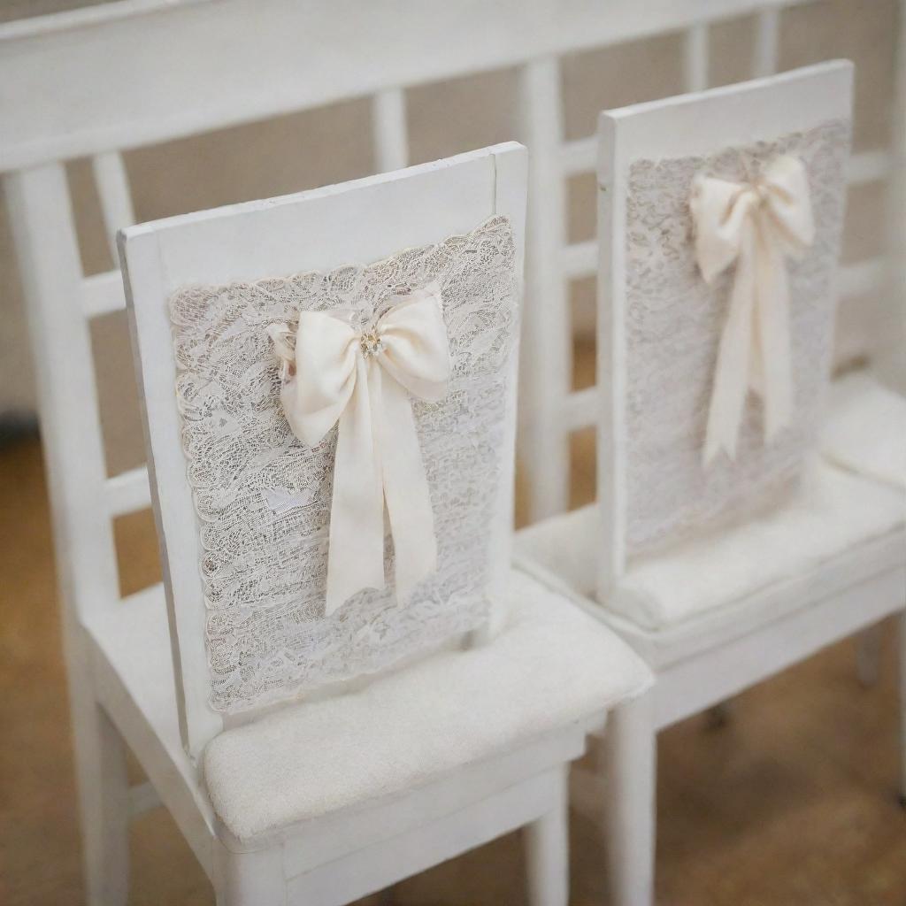 Detailed close-up of two white wooden chairs, each highlighted with a foam seat cushion tied to the chair frame with intricate sashes