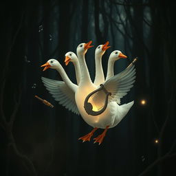 A mesmerizing scene of a five-headed translucent goose gracefully floating in a dark, mystical forest