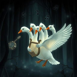 A mesmerizing scene of a five-headed translucent goose gracefully floating in a dark, mystical forest