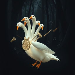 A mesmerizing scene of a five-headed translucent goose gracefully floating in a dark, mystical forest
