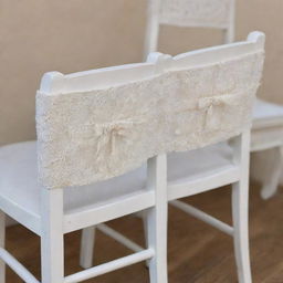 Detailed close-up of two white wooden chairs, each highlighted with a foam seat cushion tied to the chair frame with intricate sashes