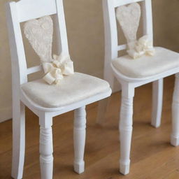 Detailed close-up of two white wooden chairs, each highlighted with a foam seat cushion tied to the chair frame with intricate sashes